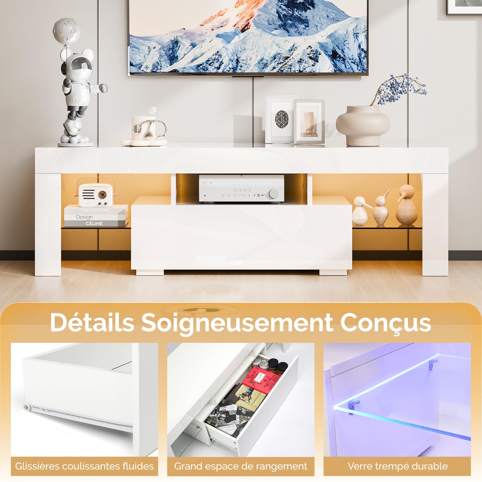Bonnlo Meuble TV avec LED, Banc TV, Noire, Meuble TV avec Rangement, Meuble télé pour Salon, Chambre, 130 x 35 x 45cm (Blanc)