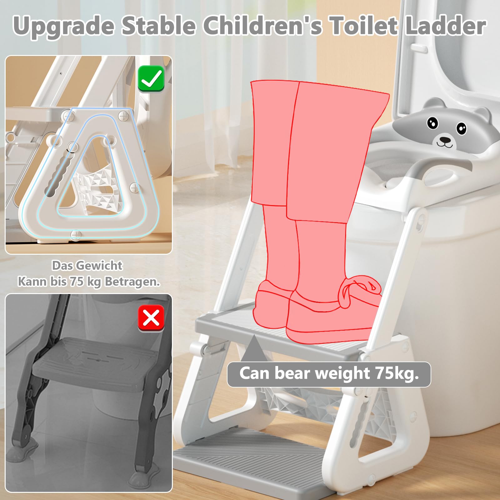 Riduttore WC Bambini,Scaletta WC per Bambini,Riduttore WC Bambini con Scaletta,Riduttore Water Bambini con PVC Morbida Seduta Imbottita,PieghevoleAdatto per Tazze WC a V, U Oppure O