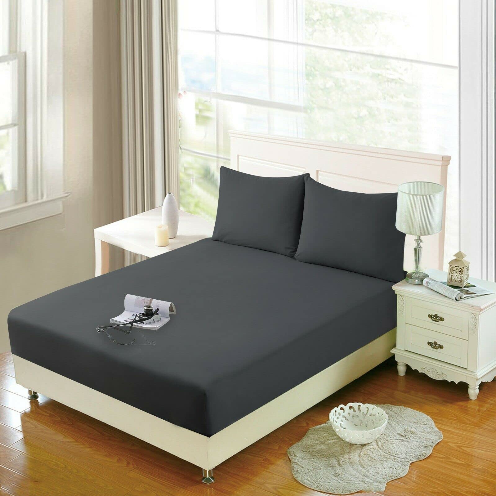 Extra Deep 40cm Fitted Sheets Easy Care Polycotton Cotton Rich Deep Fitted Bed Sheets (Charcoal, King)