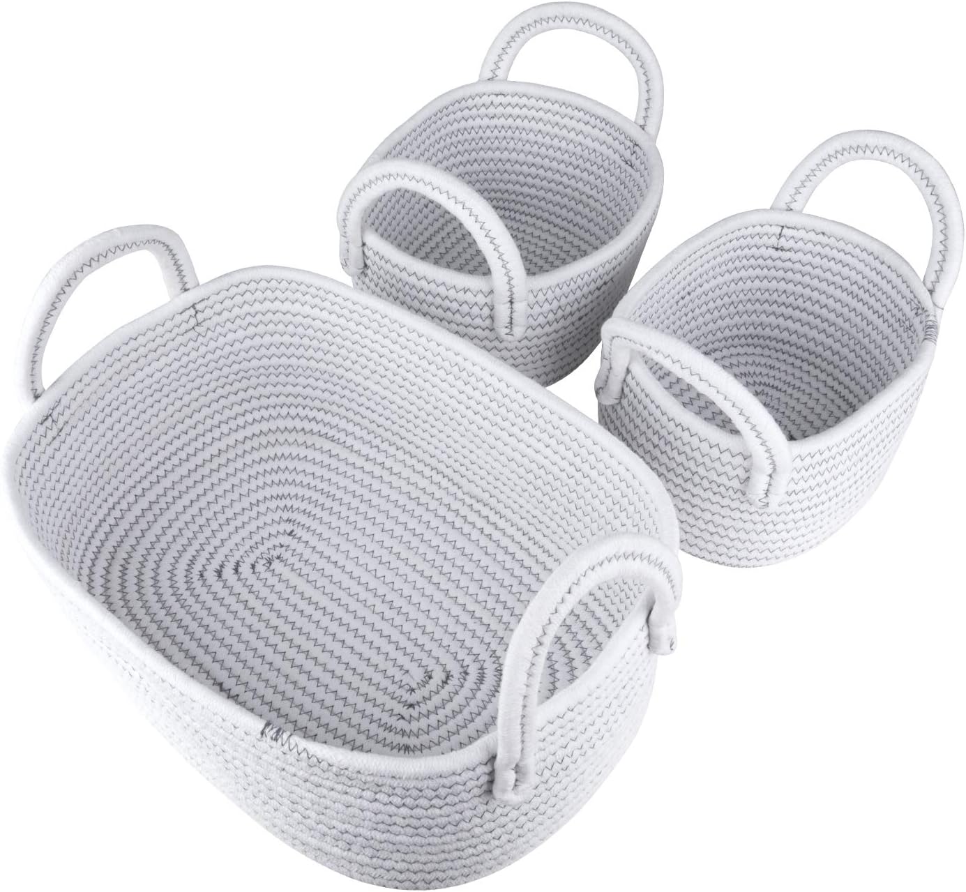 LA JOLIE MUSE 14 Inch Cotton Rope Woven Storage Basket Set of 3, Multipurpose Organizer Bins with Handles, White with Zig Zag Line Pattern