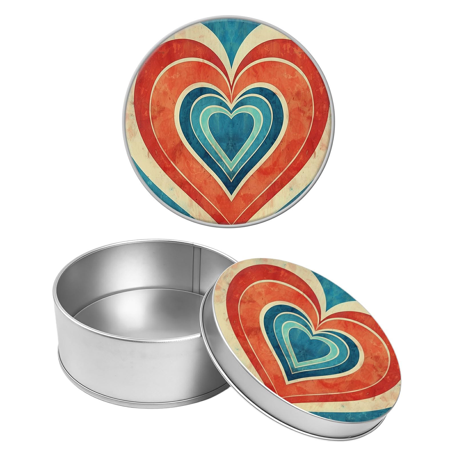 Round Metal Tin Container with Removable Lid, Color Heart Durable Metal Storage Box for Crafts Snacks Candies Office Supplies Small Items 3.54 x 1.38 inch– Single Pack