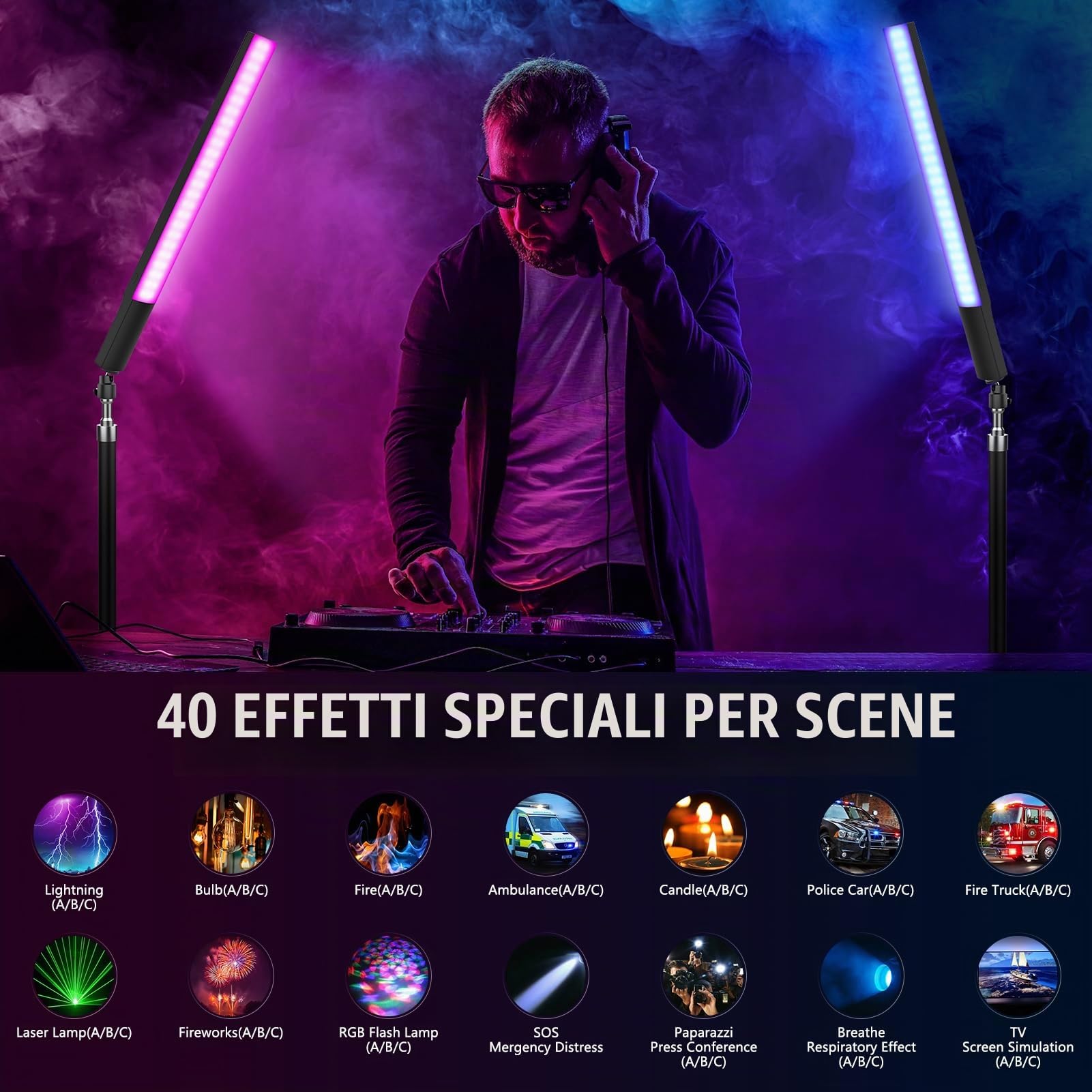 Obeamiu Kit di 2 bacchette luminose RGB per fotografia, dimmerabili, 2500-8500 K, con batteria da 8000 mAh, barra luminosa da studio con borsa per il trasporto per registrazione video, fotografia,