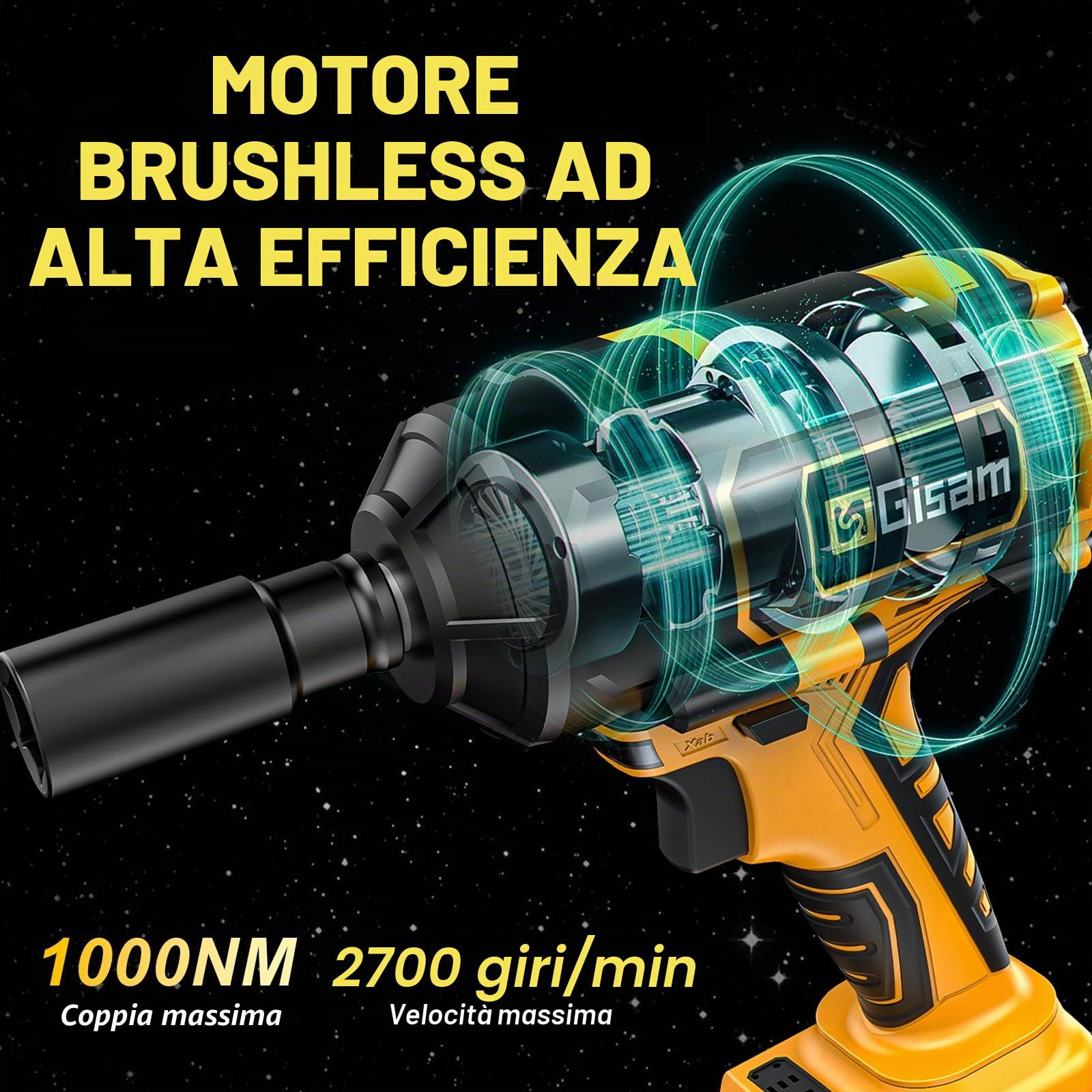 Gisam 1000 N.m Avvitatore a impulsi a batteria con motore brushless da 1/2” con due batterie da 4000 mAh, caricatore rapido, 5 bussole, avvitatore a impulsi per pneumatici auto