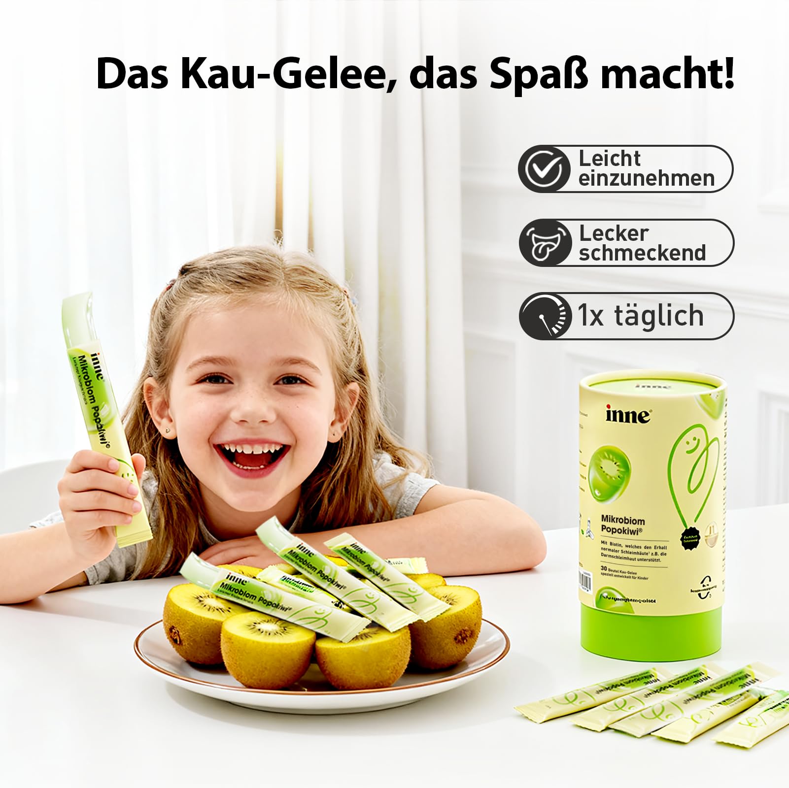 inne Mikrobiom Popokiwi Kau-Gelee - für Kinder - Darmbakterien & Darmflora Kinder zum Darmaufbau - Verdauungshelfer mit Milchsäurebakterien, Biotin & Ballaststoffen - Kiwi - 30 Stk