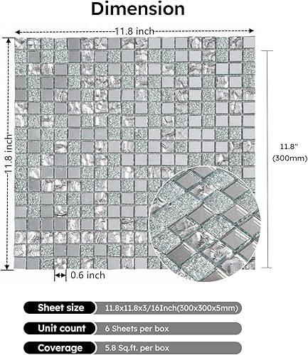 Miniatura 3 de Diflart Mosaico de cristal de espejo de cristal de diamante para pared de cocina, baño paquete de 6 hojas