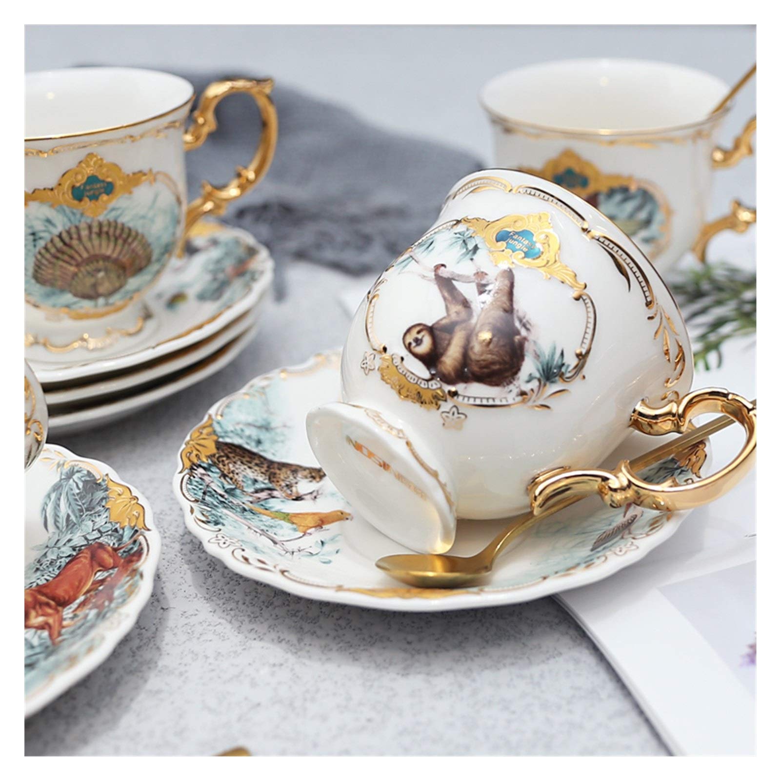 QSCTYG Cup And Saucer Set Porcelain Coffee Cup Set Jungle Animal Coffee Cup And Saucer Bird Monkey Style Gold Bone China Tea Cup 49 (Color : 01) - Image 5