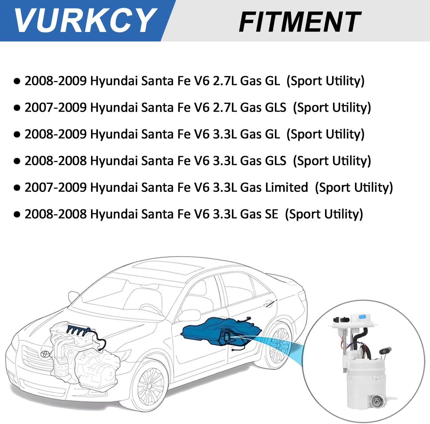Electric Fuel Pump Module Assembly with Pressure Sensor Compatible with Hyundai Santa Fe 2007 2008 2009, 2.7L 3.3L V6, Gas, Replacement E8821M 31110-0W000 - Image 3