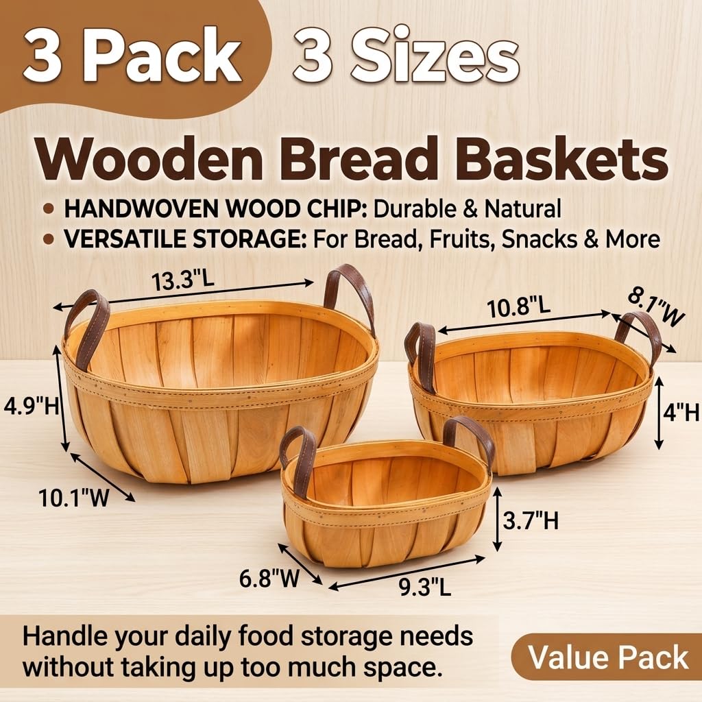 Goaste Paquete de 3 cestas de mimbre para pan, cesta de picnic con asas, cesta de cosecha tejida a mano, cestas de almacenamiento rústicas de frutas y verduras para picnic, boda, regalo (naranja, 3