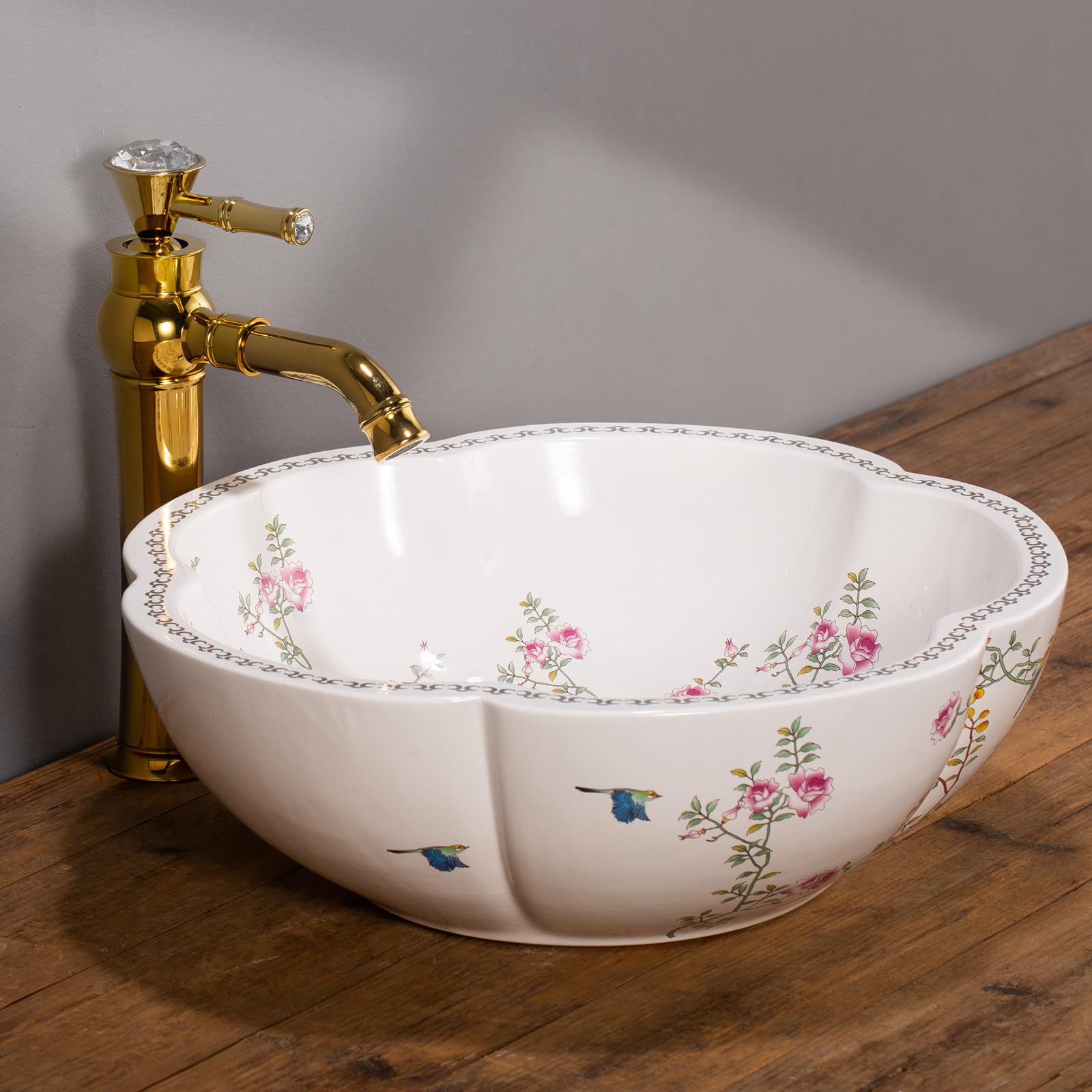 1 Juego completo de lavabo artístico de cerámica blanca con grifo dorado y desagüe; lavabos de porcelana para el cuarto de baño