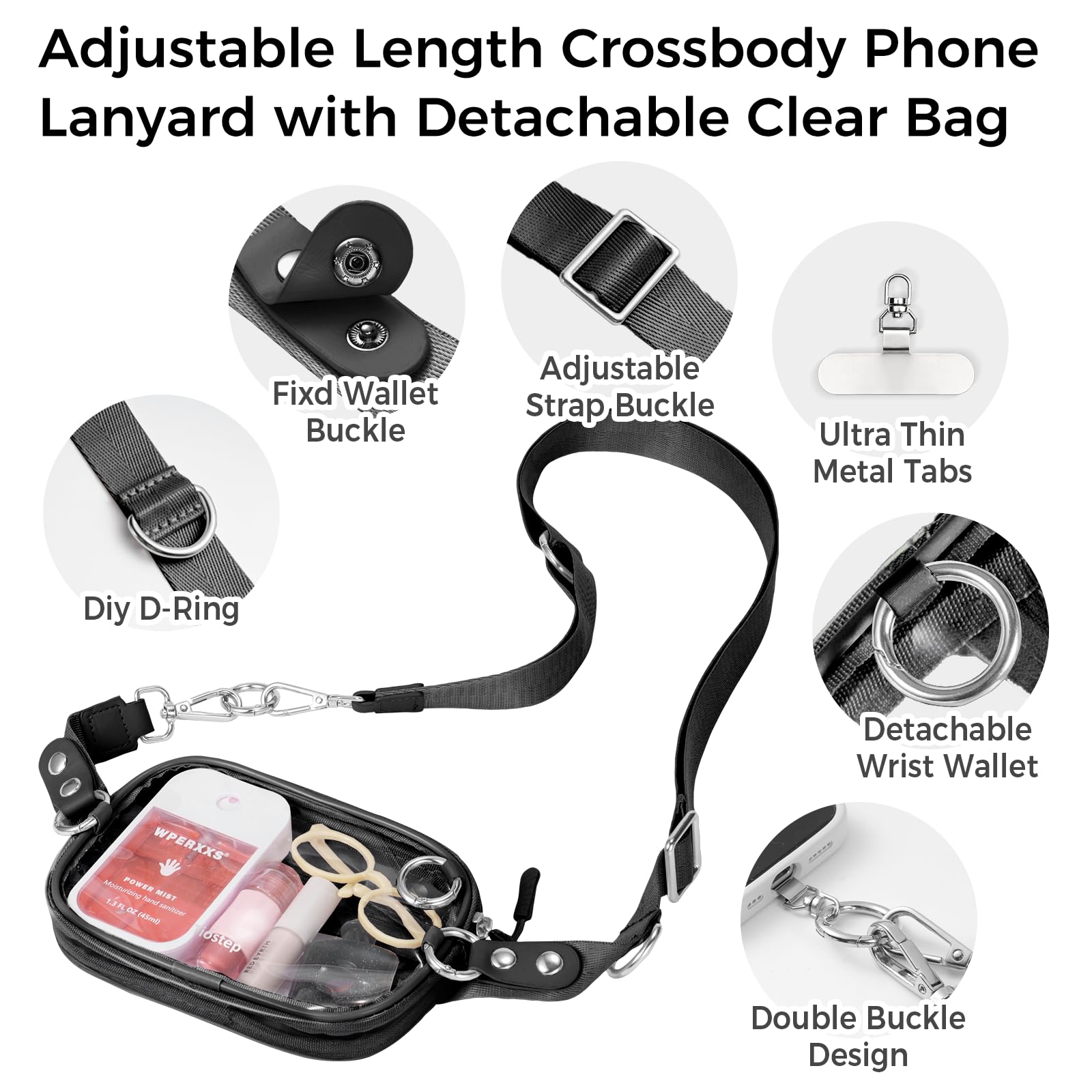 Tiostep Clip and Go Pasek do telefonu z portfelem, smyczą do telefonu crossbody i małą, przezroczystą torbą na imprezy stadionowe, koncert
