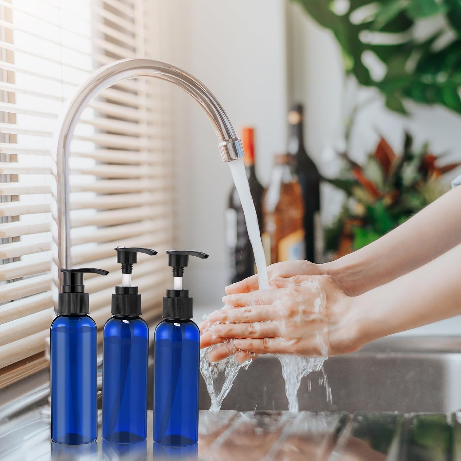 Nuenen 48 Pcs Refillable Empty Lotion Bottles 4oz/120ml Plastic Pump Bottles Conditioner Shampoo Dispenser Leak Proof Pump Container for Body Wash, Creams, Liquid Soap(Black and Blue)