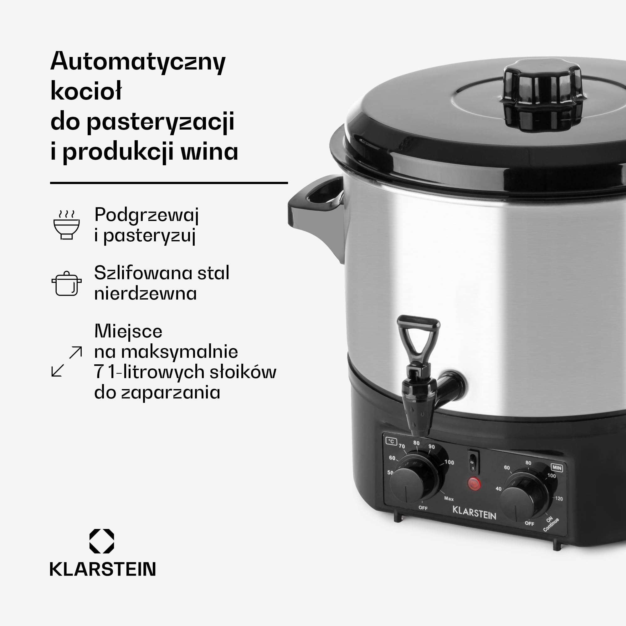 Klarstein Biggie Small - Urządzenie do pasteryzacji, gar do wekowania, Automat do grzańca, elektryczny, Pojemność 16L, 2000 W, Regulowana temperatura, Wyłącznik czasowy do 120 minut, srebrny