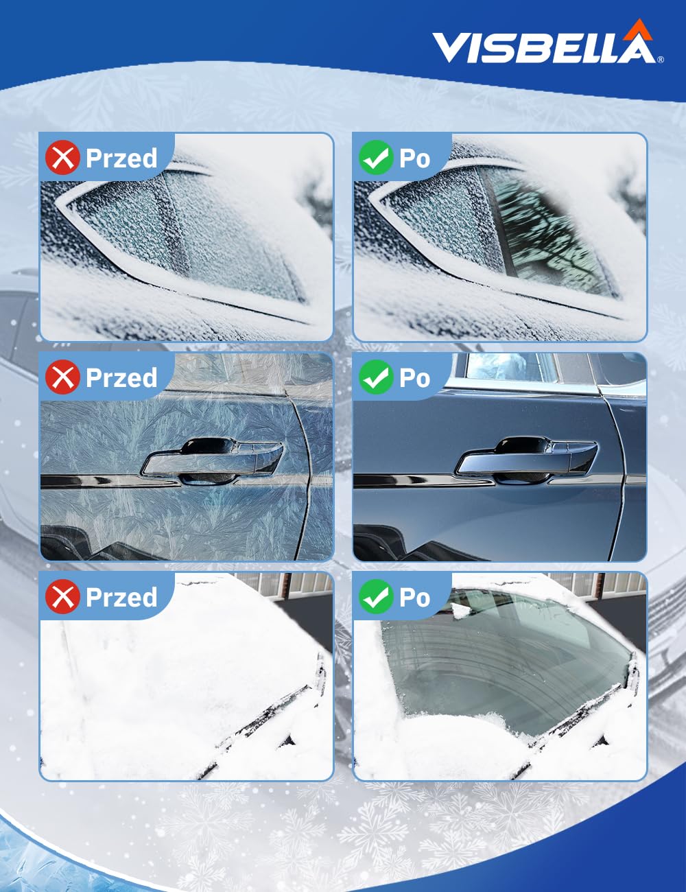 Visbella Odmrażacz do przedniej szyby i wycieraczek, ekstremalna ochrona przed zimą, szybko topi lód i mróz, zapobiega ponownemu zamarzaniu (-45℃, 500 ml)