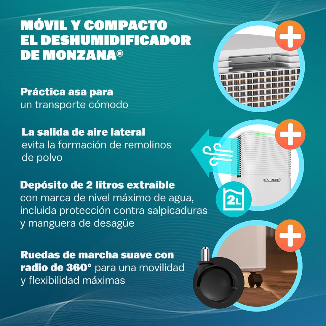 MONZANA® Deshumidificador Eléctrico 12L/día Habitaciones 15–20m² Pantalla LED Purificador Aire Temporizador 24h Ruedas Antihumedad Hogar Oficina