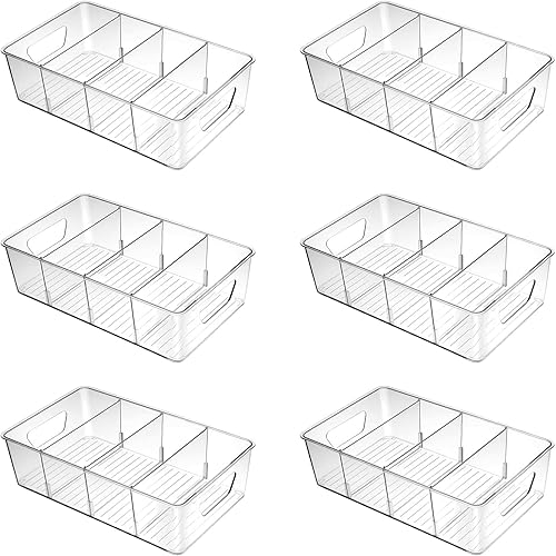 Paquete de 6 cubos organizadores apilables de almacenamiento de despensa, plástico transparente con 3 separadores extraíbles, para aperitivos,