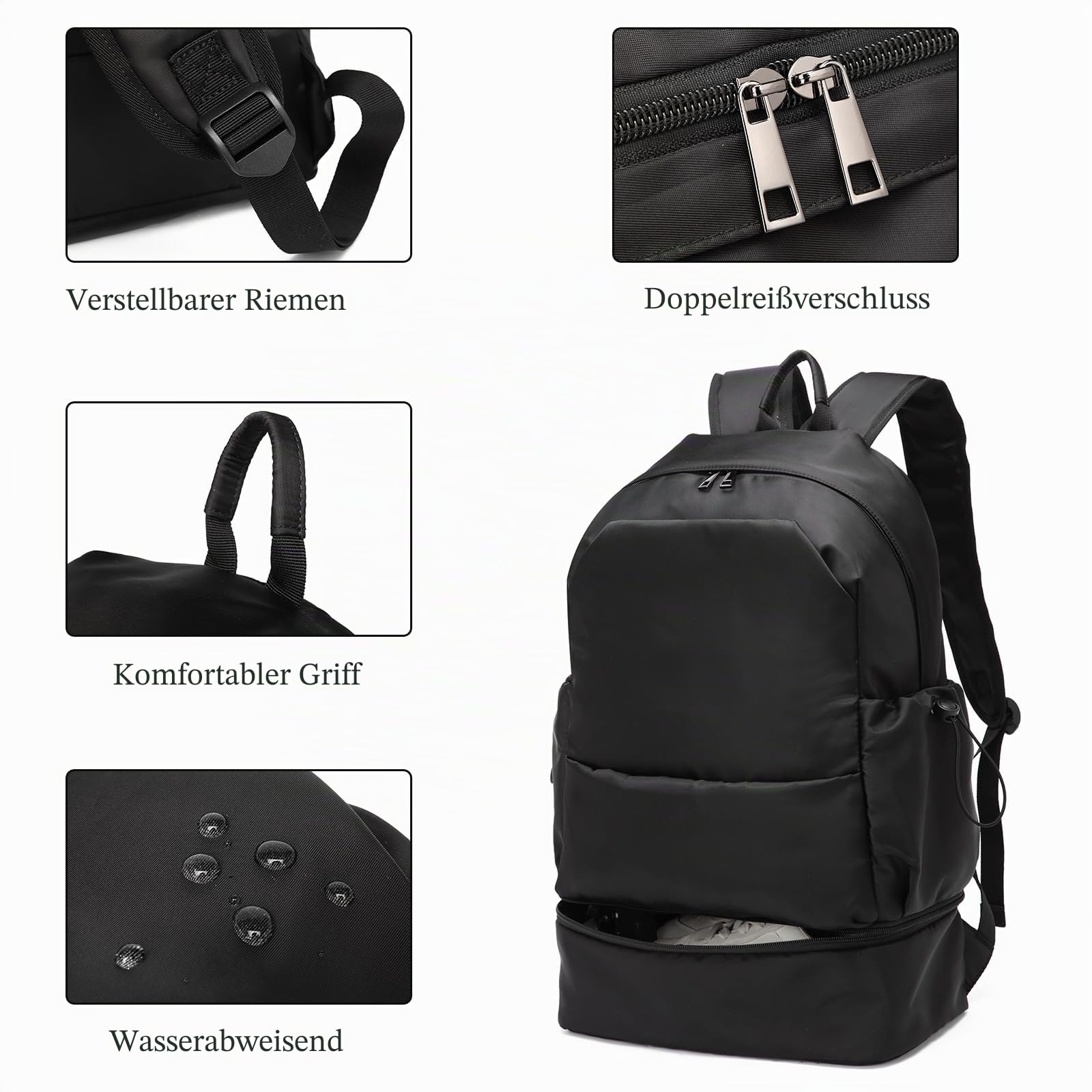 seyfocnia Turnrucksack für Herren, wasserdichter Reiserucksack mit Schuhfach, leichter Sport-Turnbeutel, Schwarz, 22 Inches, Für Reisen