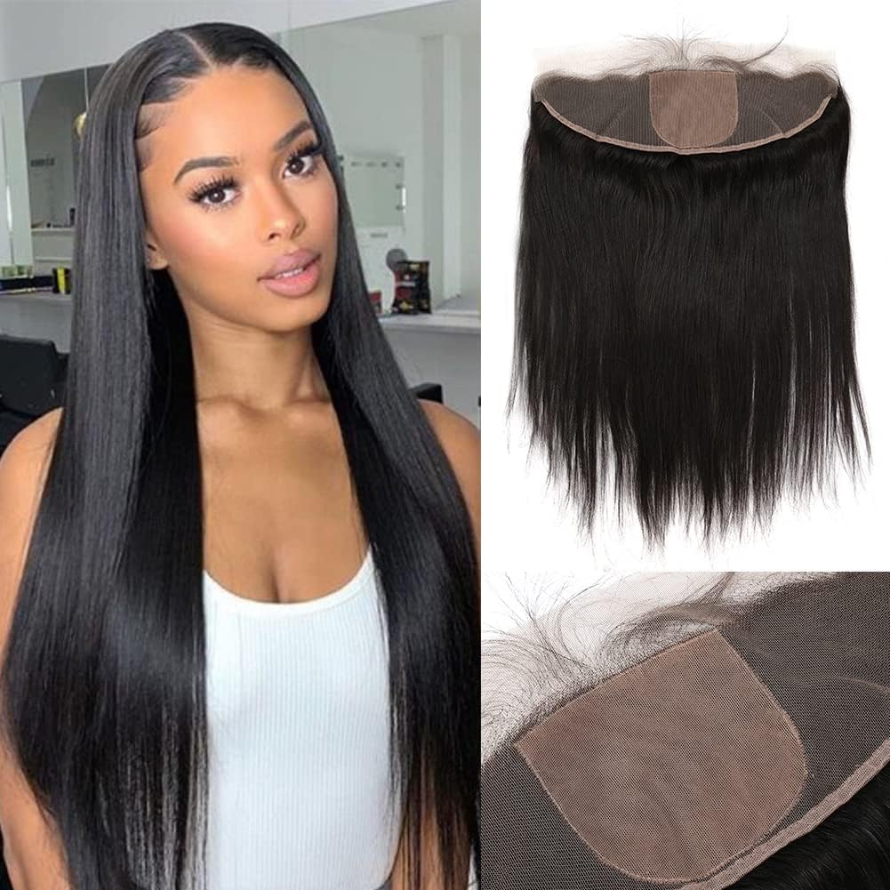 One Donor Top Grade 13x4 Silk Base Lace Frontal Closure Human Hair with Baby Hair Straight Brazilian Virgin Hair Closure Free Part Natural Color Bleached Knots 10 inch