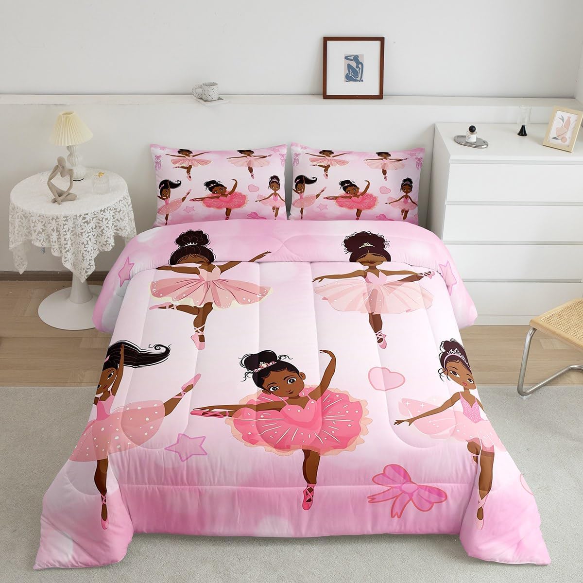 Erosebridal Cute Little Ballet Princess Bedding Set Black Girls Twin Comforter Set for Girls,American African Afro Girl Magical Quilt for Toddler Kids Teenager,Pink Cute Room Decor