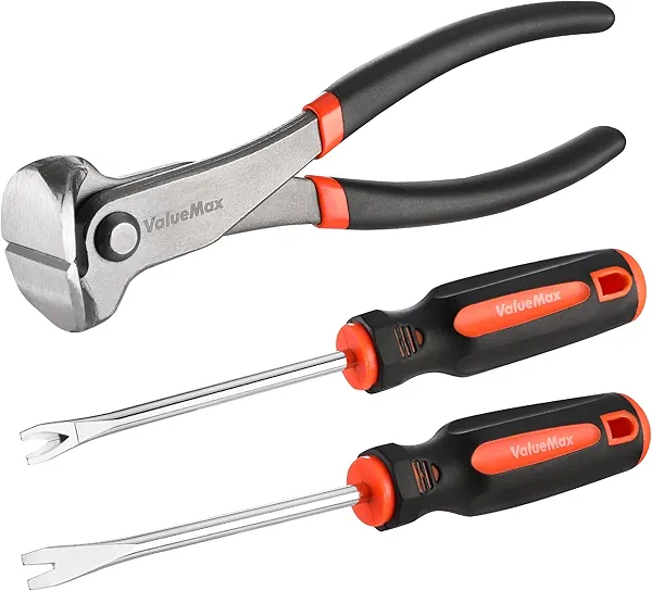 VALUEMAX 3Pcs Nail Puller and Staple Remover Tool, Include 7" End Cutting Pliers, 8" Bendable and Straight V Tip Staple Puller, Upholstery Tools for Cutting Wires, Removing Nails and Staples