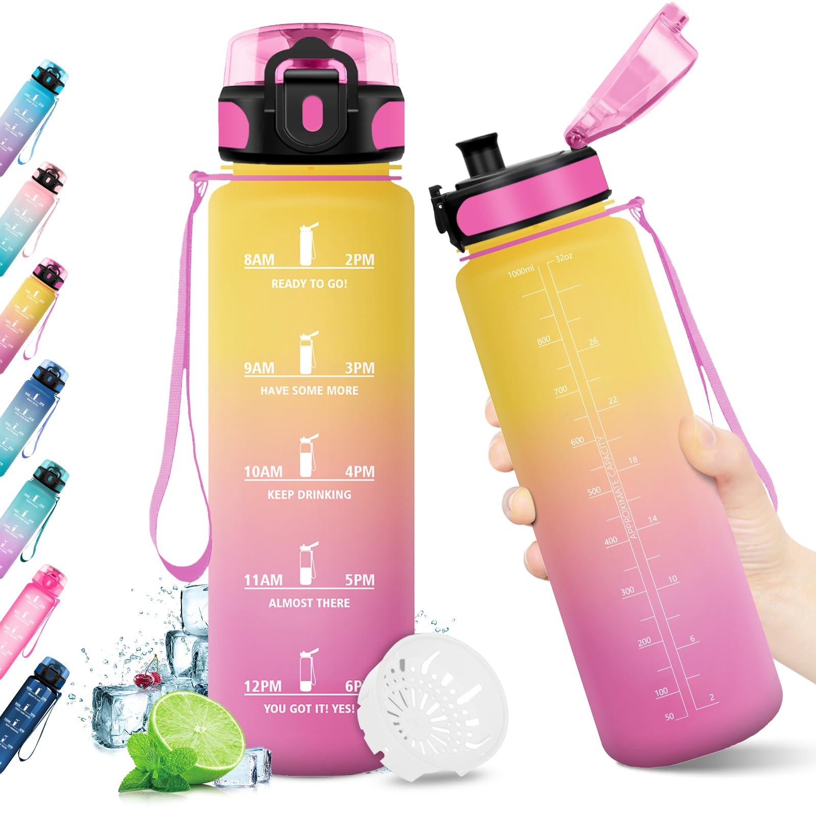 KollyKolla Borraccia Motivazionale 500ml/1L/1.5L, Borraccia Sportiva con Indicazione del Tempo, Bottiglia acqua Senza BPA, a Prova di Perdite, Borracce per Bambini, Adulto, Palestra, Lavoro, Scuola