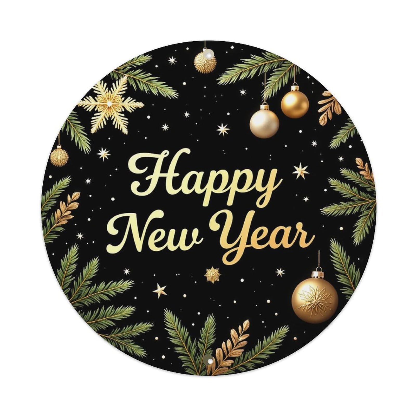 Golden Ornaments Pine Branches Snowflakes Stars Night Sky Vintage Round Tin Sign Retro Metal Wall Decor Metal Poster, Home Bar Garage Cafe Wall Art Decoration 8x8Inches