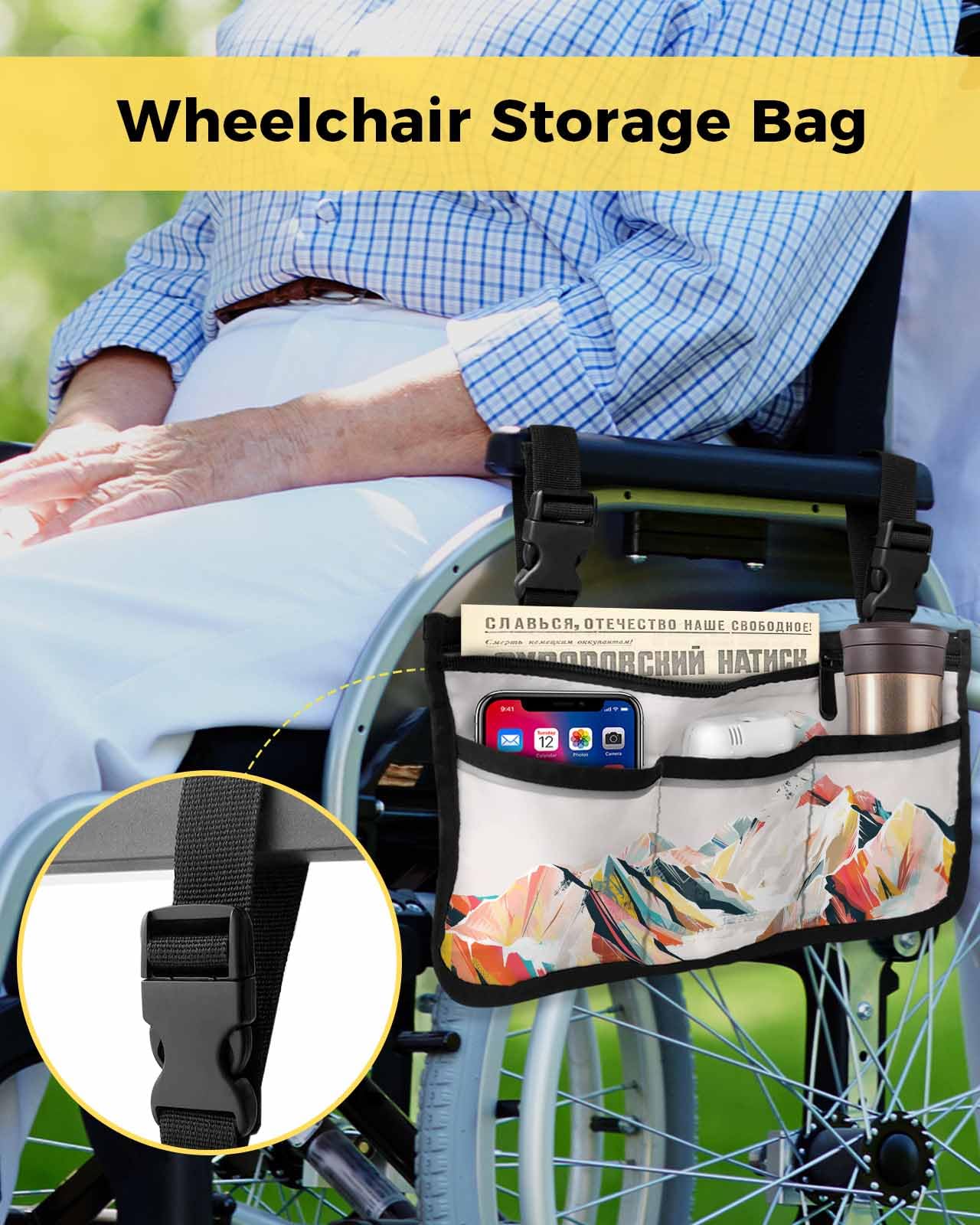 Abstract Wheelchair Bag with Cup Holder Walker Bag Reflective Stripes for Seniors Wheel Chair Accessories Modern Oil Painting Style Colorful Snowy Mountains Orange Yellow Wheelchair Side Bag