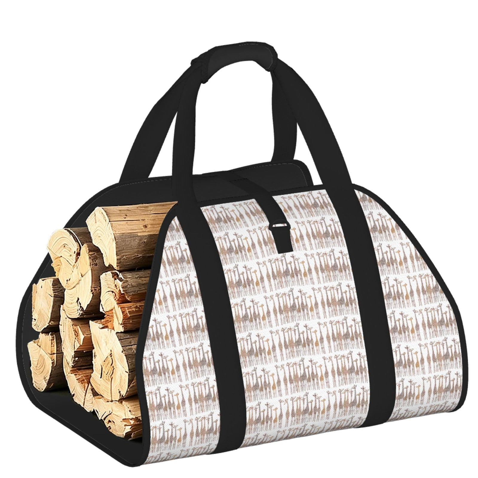 Ayyqwe Black Cute Cartoon Funny Giraffes Print Firewood Bag Wood Waterproof Versatile Camping Picnic Storage Daily Home