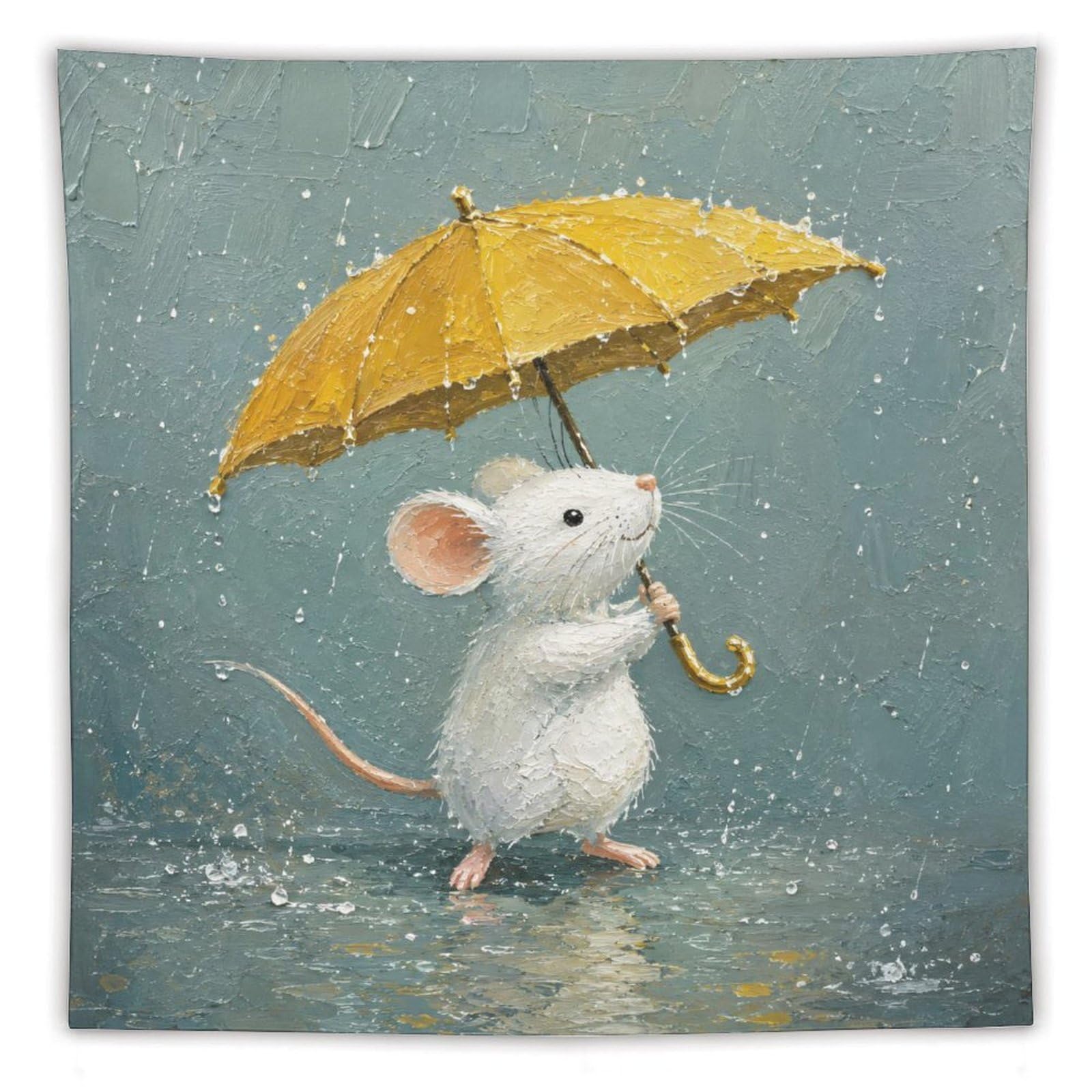 Umbrella Mouse Rain Wall Tapestry, Storybook Illustration, Backdrop