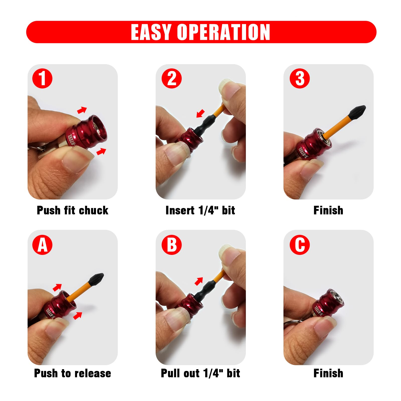 X-STEEL 6Pcs Bit Holder, 1/4 Drill Bit Holders, Keychain Drill Screw Adapter Change Portable, With Black Carabiner for Tools & Home Improvement Gift - 5