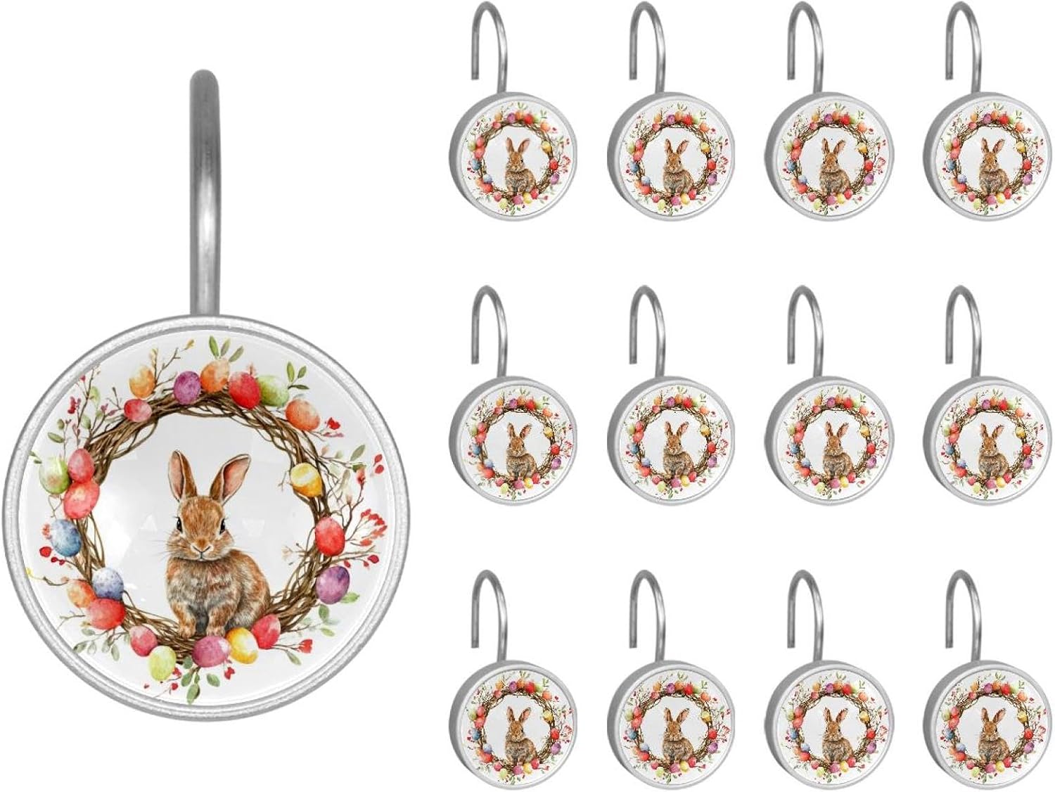 Set of 12 Shower Curtain Hooks, Shower Curtain Rings Crystal Glass Decorative Bathroom Hook, Easter Wreath and Rabbit (1)