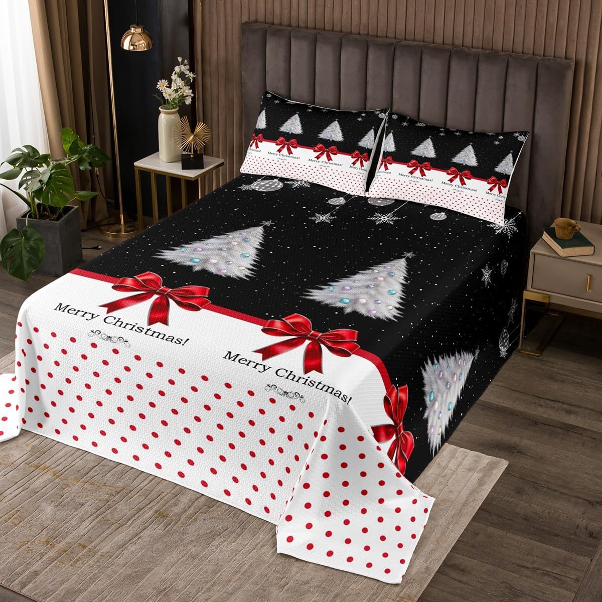 Erosebridal Xmas Deer Bedspread Twin Size Christmas Quilt Set Cute Santa Claus Coverlet Set Merry Christmas Printed Bedding Set Kids Cartoon Bedspread & Coverlet Sets Grid Check Snowflake Decor