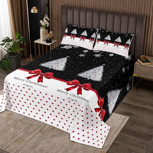 Erosebridal Juego de ropa de cama de Navidad tamaño King, juego de edredón blanco y negro, bonito juego de colcha con lazo, árbol de Navidad, copo