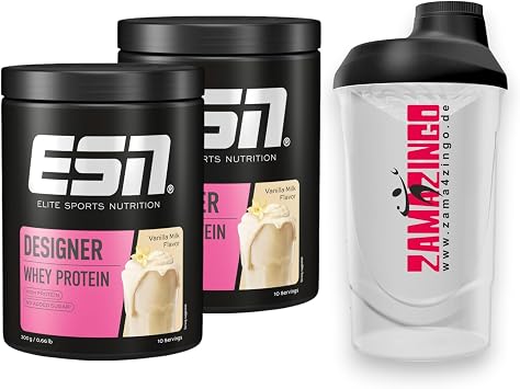 2 x ESN Designer Whey Protein Vanilla Milk 300 g High-Quality Protein Powder and Dietary Supplement for Effective Muscle Building Free Zama4Zingo Protein Shaker 600 ml Vanilla Milk