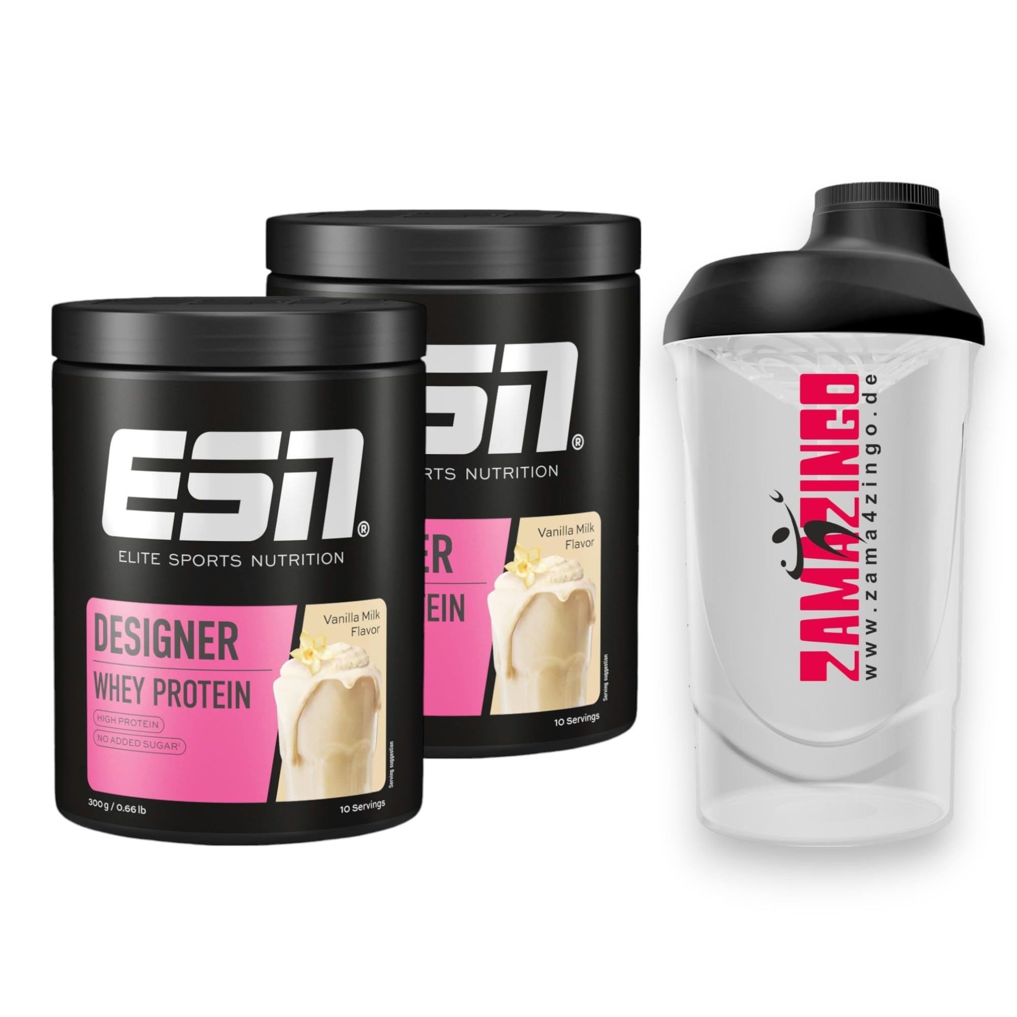 2x ESN Designer Whey Protein Vanilla Milk 300g | Hochwertiges Eiweißpulver und Nahrungsergänzungsmittel für effektiven Muskelaufbau | Gratis Zama4zingo Protein Shaker 600ml (Vanilla Milk)