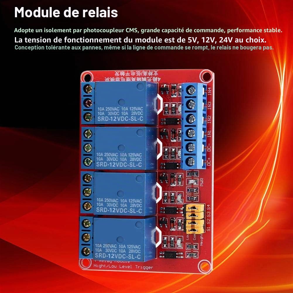 Module de relais 4 canaux, haute isolation optocoupleur déclencheur haut bas module relais industriel compatible 5V 12V 24V for domotique automobile et projets électroniques professionnels