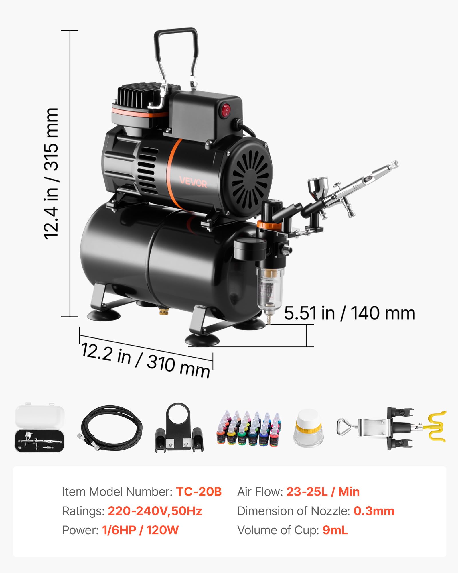 VEVOR Set Aerografo con Compressore d'Aria Serbatoio 1/6 HP, 1 Aerografo a Doppia Azione con Ugello 0,3 mm Tubo Flessibile Vernice Acrilica Ventole, Kit Aerografo per Decorazione di Pittura, Modelli