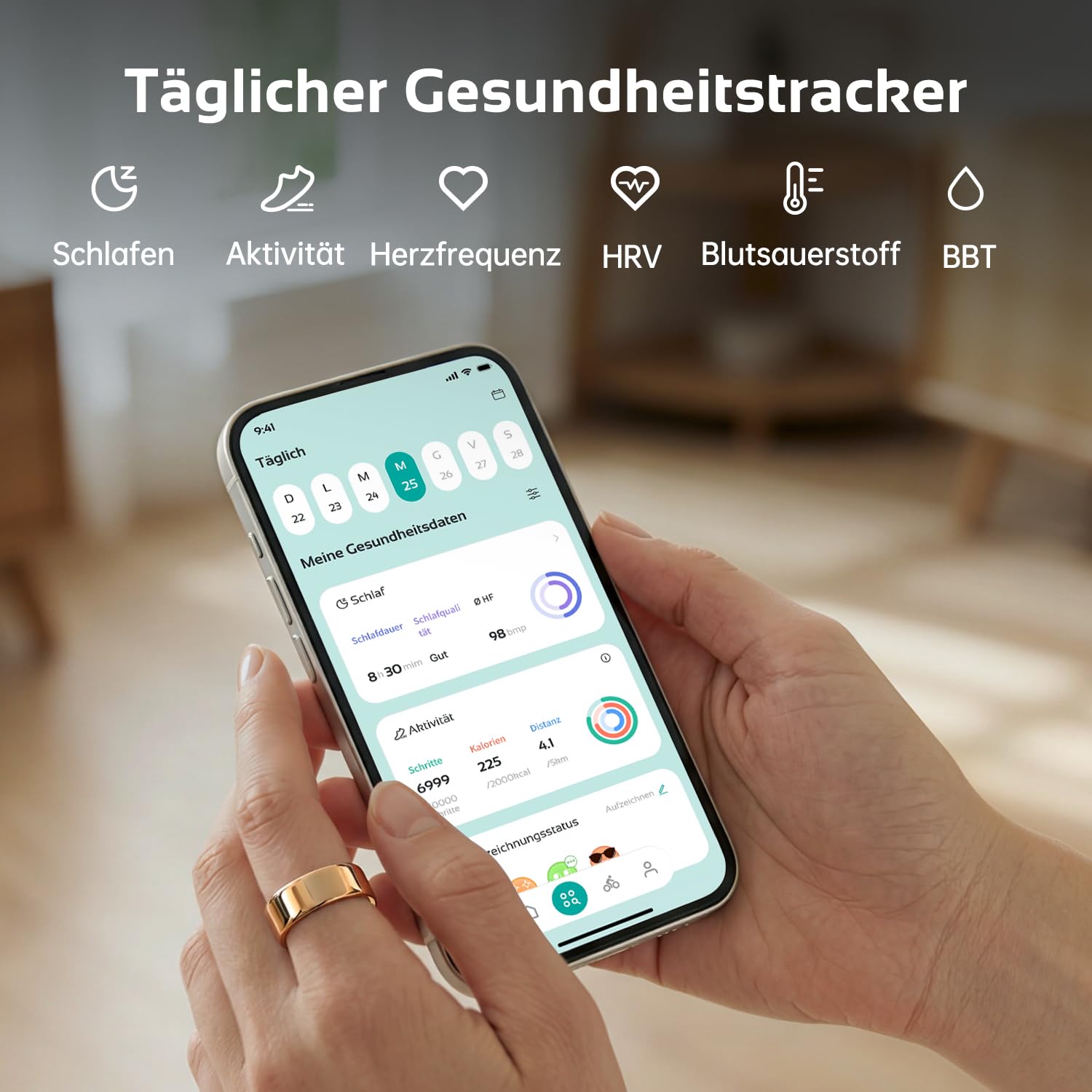 O Ring Smart Ring, Fitness Ring Tracker mit 8–12 Tagen Akkulaufzeit, Schlafüberwachung-Stress-Herzfrequenz-Frauen-Gesundheits Tracker,keine Abonnementgebühren,kompatibel mit iOS & Android,Roségold-9