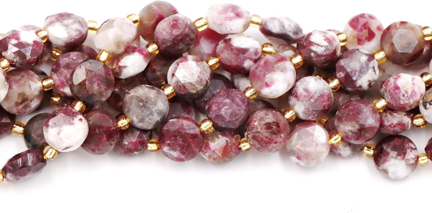Gemstone Beads for Jewelry Making, Natural Stone Faceted Coin Beads Plum Blosson Tourmaline-1 10mm