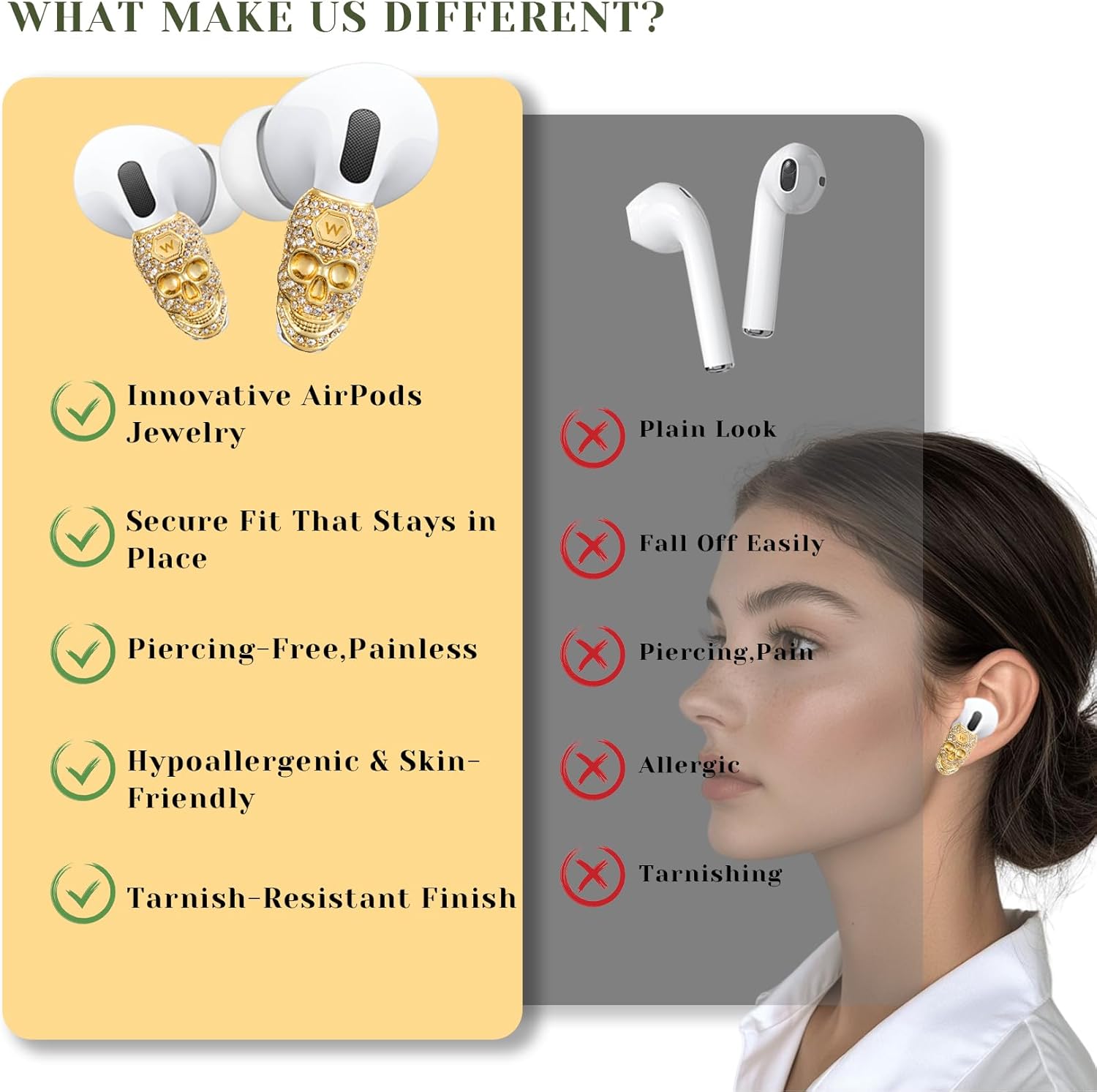 Headphone Jewelry - Anti-Slip Gothic Fashion Earbud Earring, 14K Golden Skull Hook for Couples, Best Friends Brithday Gift with Airpods 4, Pro 3, Pro 2 (1pcs for Right/Left, Portable Box)