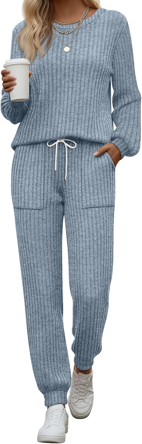 Sweetyweee Women's Ribbed Knit Lounge Sets 2 Piece Outfits Long Sleeve Pajamas Set Loungewear Sweatsuits Fall Pjs with Pocket