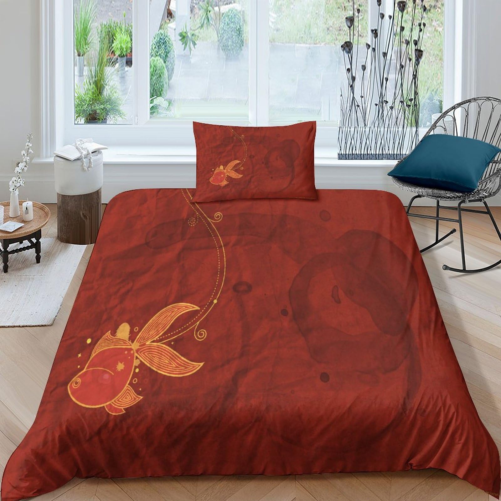 Housse de couette poisson rouge 3D anti-plis avec fermeture éclair lit 135x200