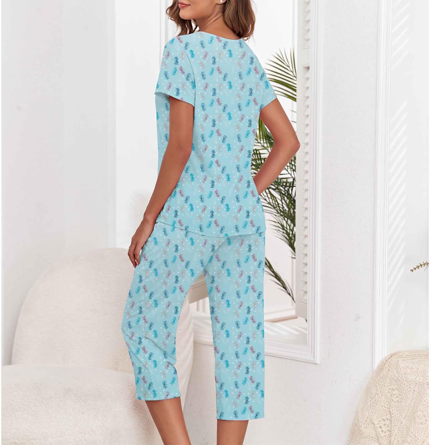Century Star Women Summer Pajamas Soft Sleepwear Top with Capri Pants Ladies Short Sleeve Cotton Pajamas Sets - Image 9