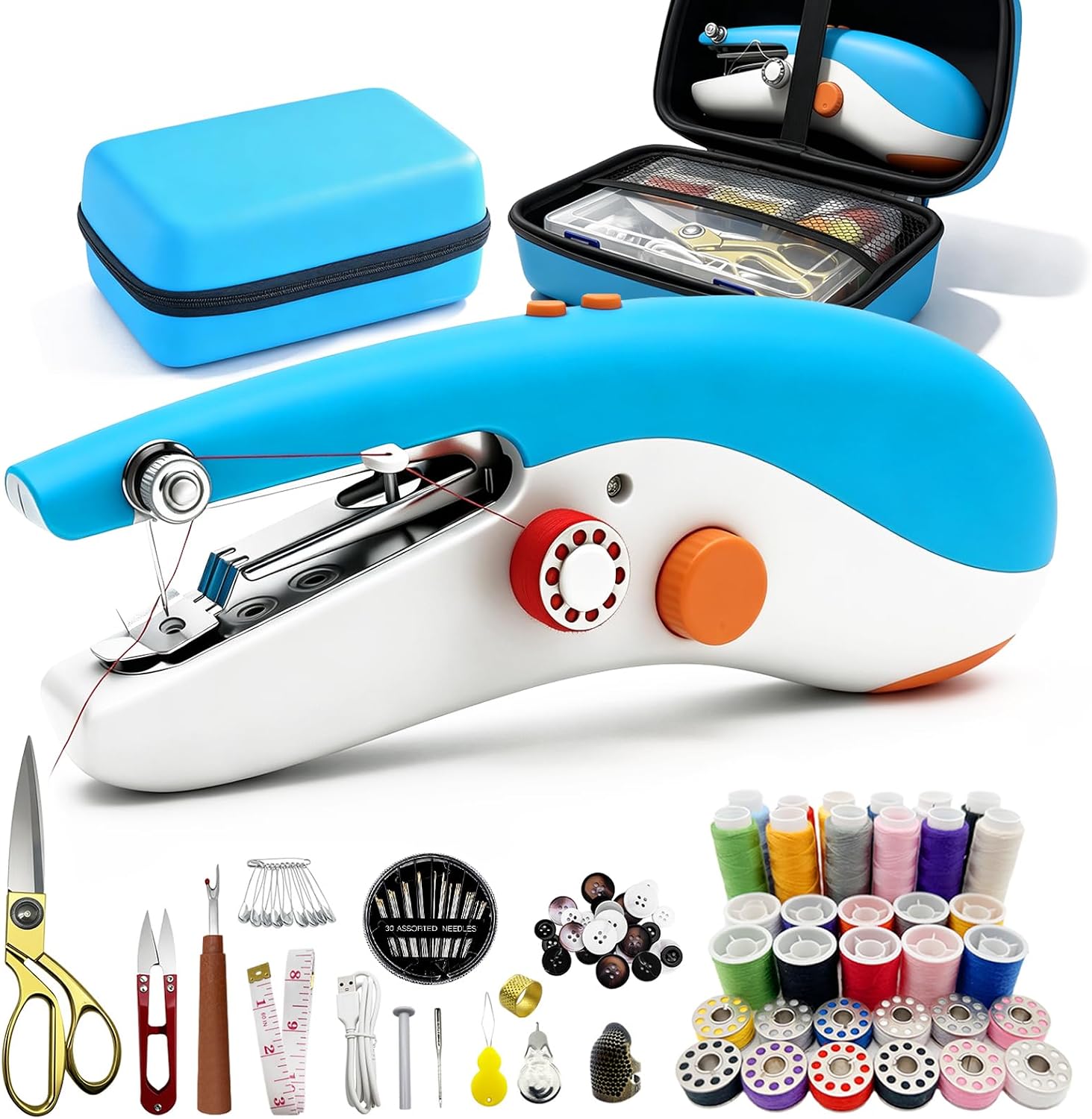 Portable Handheld Sewing Machine with 110 PCS Sewing Kit & Blue Leather Case, Dual-Speed, Built-in Work Light, Dual Power Supply. Perfect for Home & Travel, for Adults & Beginners, for Clothes & Jeans