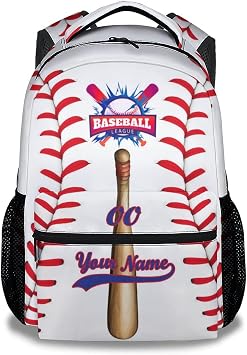 Personalized Baseball School Backpack for Boys, 16 Inch White Backpacks for Kids Age 10-12, Cool Lightweight Bookbag for Travel
