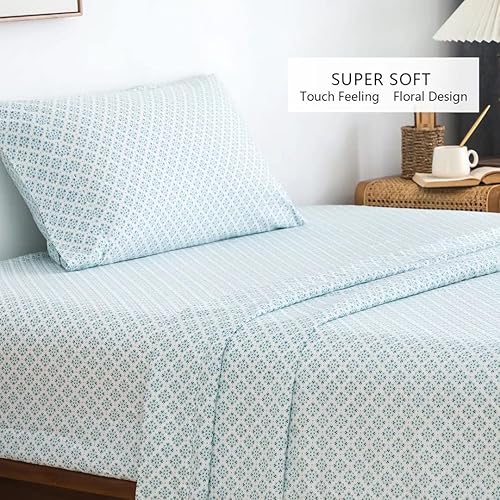 Miniatura 2 de Juego de sábanas tamaño individual de 3 piezas impresas con estampado floral azul con bolsillo profundo de microfibra 1800, lujo de hotel, súper