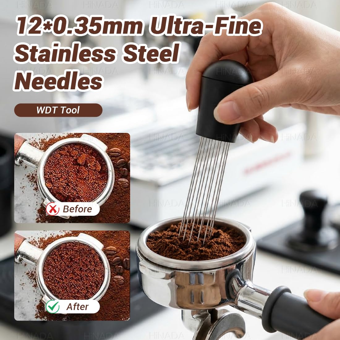 HiNADA Kit d’Accessoires pour Espresso, Tasseur à Café 51 mm avec Support de Tassage, Niveleur, Outil WDT, Anneau Doseur, Brosse de Nettoyage, Filtre à Café (51 mm)