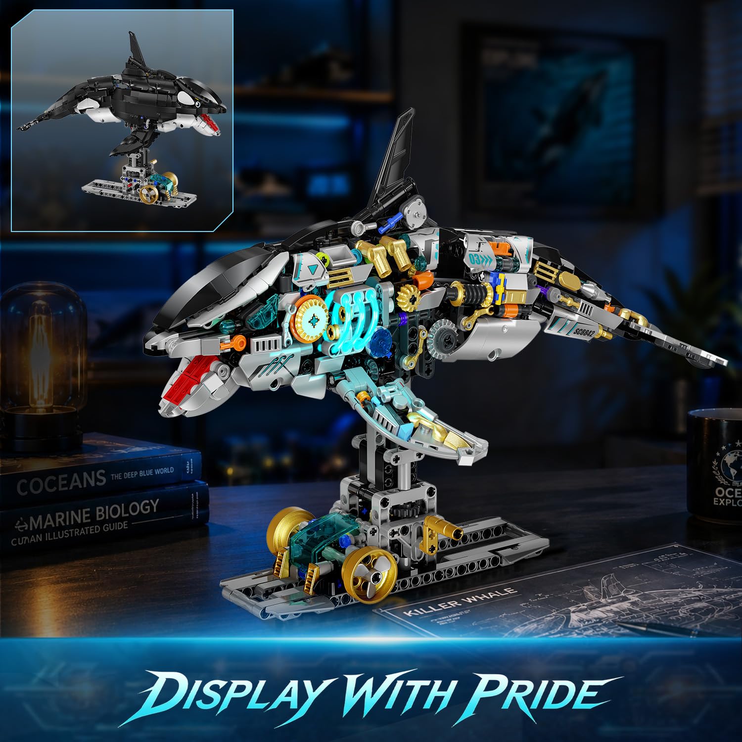INSOON Orca Meccanica Set di Costruzione STEM per Bambini 12+ | Kit costruzione orca con meccanismo a manovella, gioco marino STEM, regalo di compleanno e Natale per bambini e adulti
