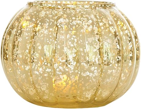 Luna Bazaar Large Vintage Mercury Glass Vase or Candle Holder 5-Inch, Autumn Design, Gold - Decorative Flower Vase - for Parties, Weddings, and Homes