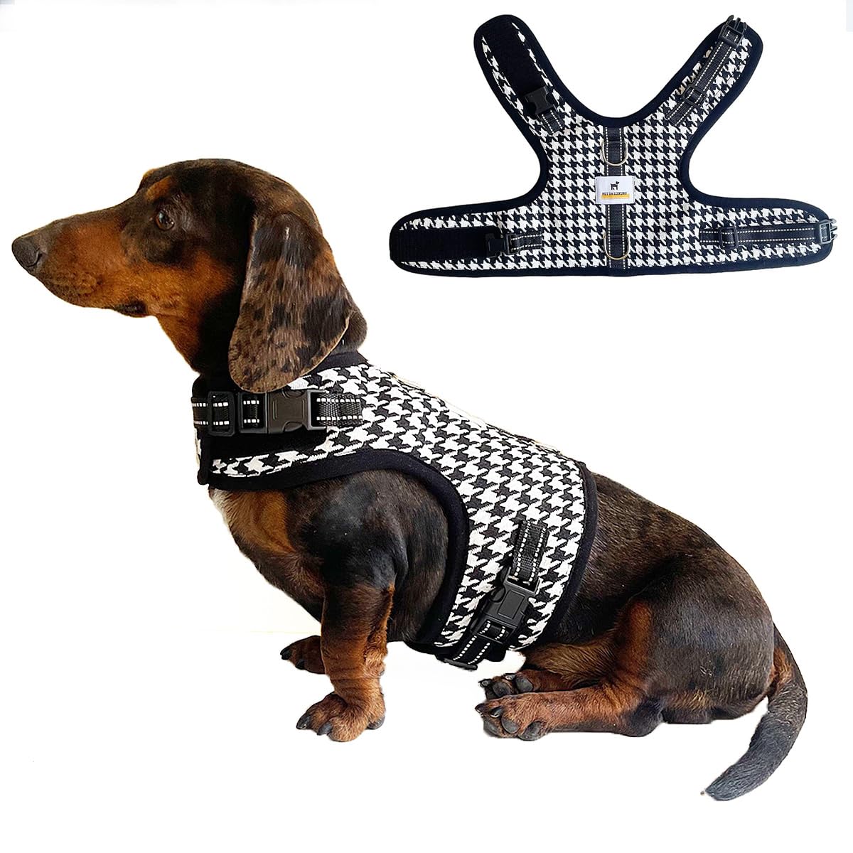 Dog Harness for Mini Dachshund, Houndstooth Rub-Free Dachshund Harness Vest, No Pull & Escape Proof, No Armpit Rub, Reflective Adjustable Dog Harness for Walking & Training (M:(Chest 16"-20"))