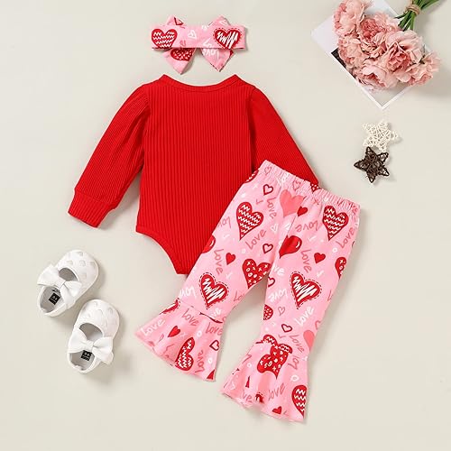 Miniatura 3 de YOUNGER TREE Conjunto de 3 piezas de ropa de San Valentín para bebé, recién nacida, mi primer día de San Valentín, mameluco con patrón de amor